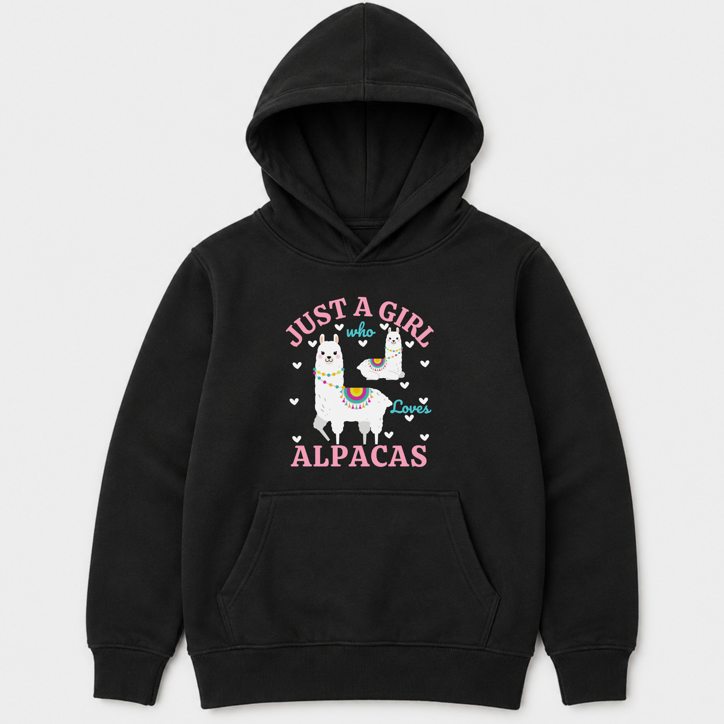 Kids alpaca hoodie with Just A Girl Who Loves Alpacas front graphic print