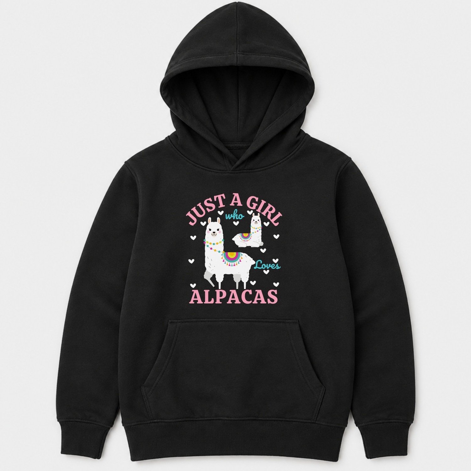Kids alpaca hoodie with Just A Girl Who Loves Alpacas front graphic print