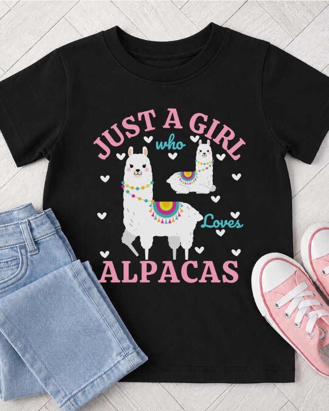 Kids "Just A Girl Who Loves Alpacas" T-shirt flat lay with jeans and pink pumps