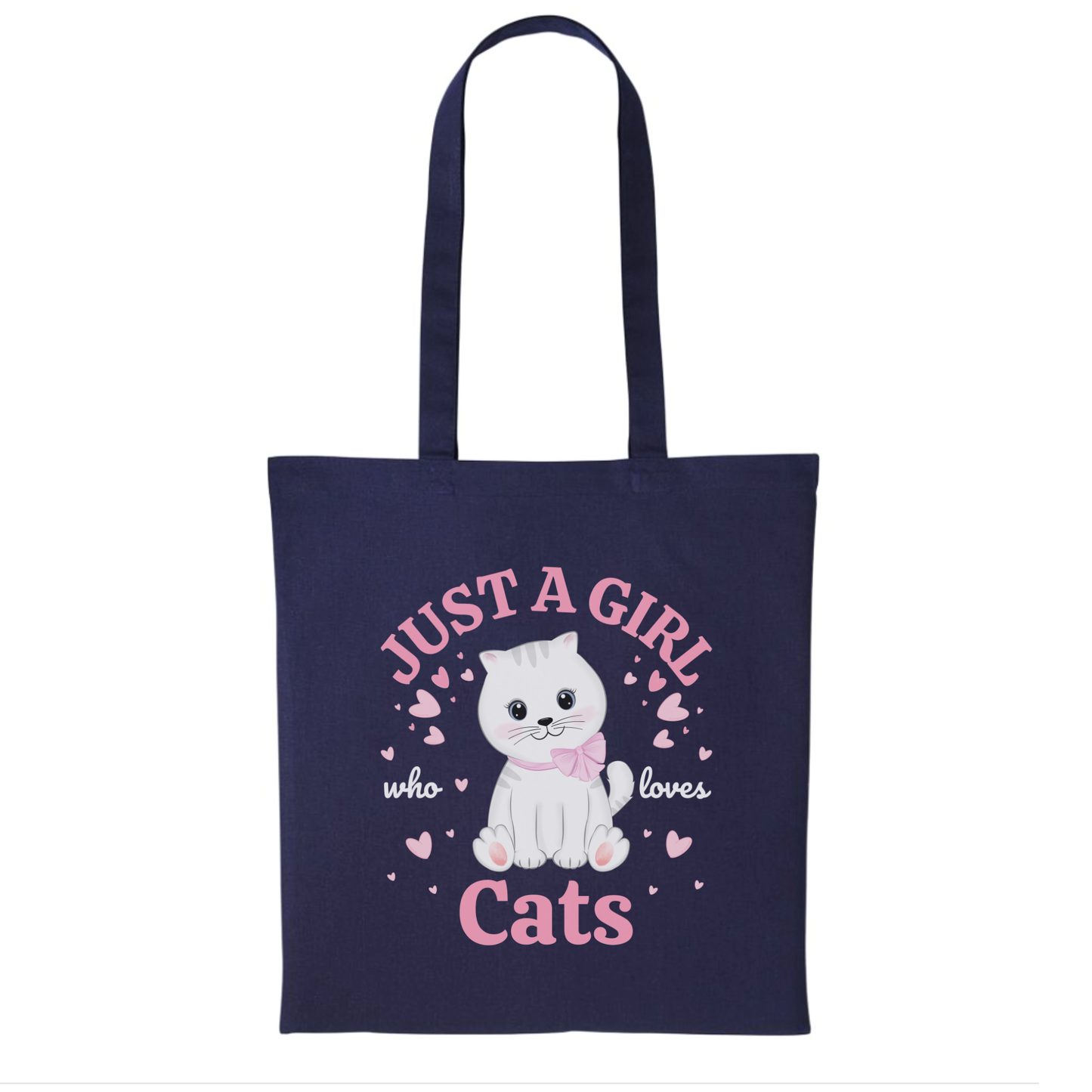 A girls navy cotton tote bag with long handles, featuring a graphic print of a white cartoon cat wearing a pink bow, surrounded by the text 'JUST A GIRL who loves Cats' in pink and white, with small pink hearts.