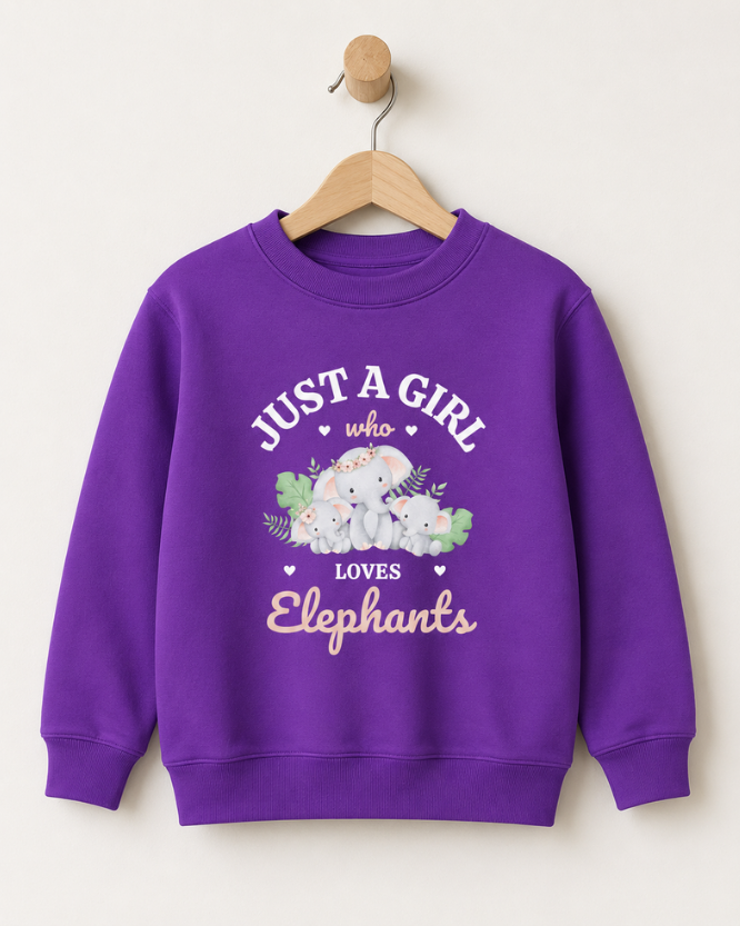Purple kids Just a Girl Who Loves Elephants sweatshirt hanging on wooden hanger