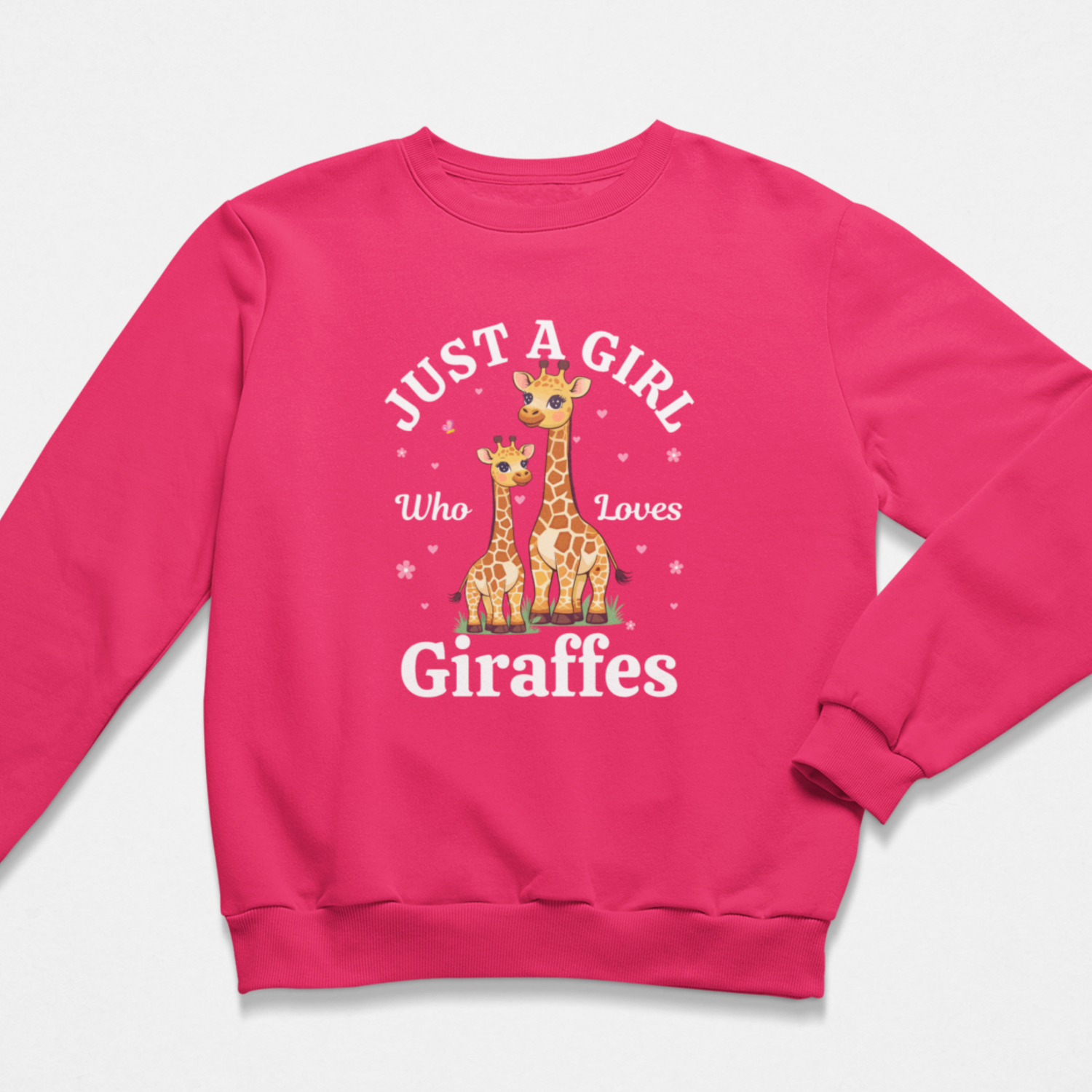 Girls pink sweatshirt with giraffe design and text - flat lay product image