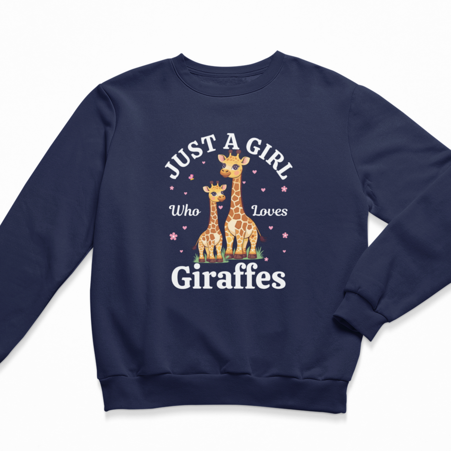 Girls Navy jumper featuring a giraffe design with "Just a girl who loves giraffes" text in white along with scattered hearts and flowers.