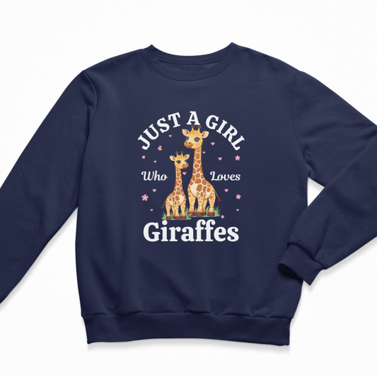 Girls Navy jumper featuring a giraffe design with "Just a girl who loves giraffes" text in white along with scattered hearts and flowers.
