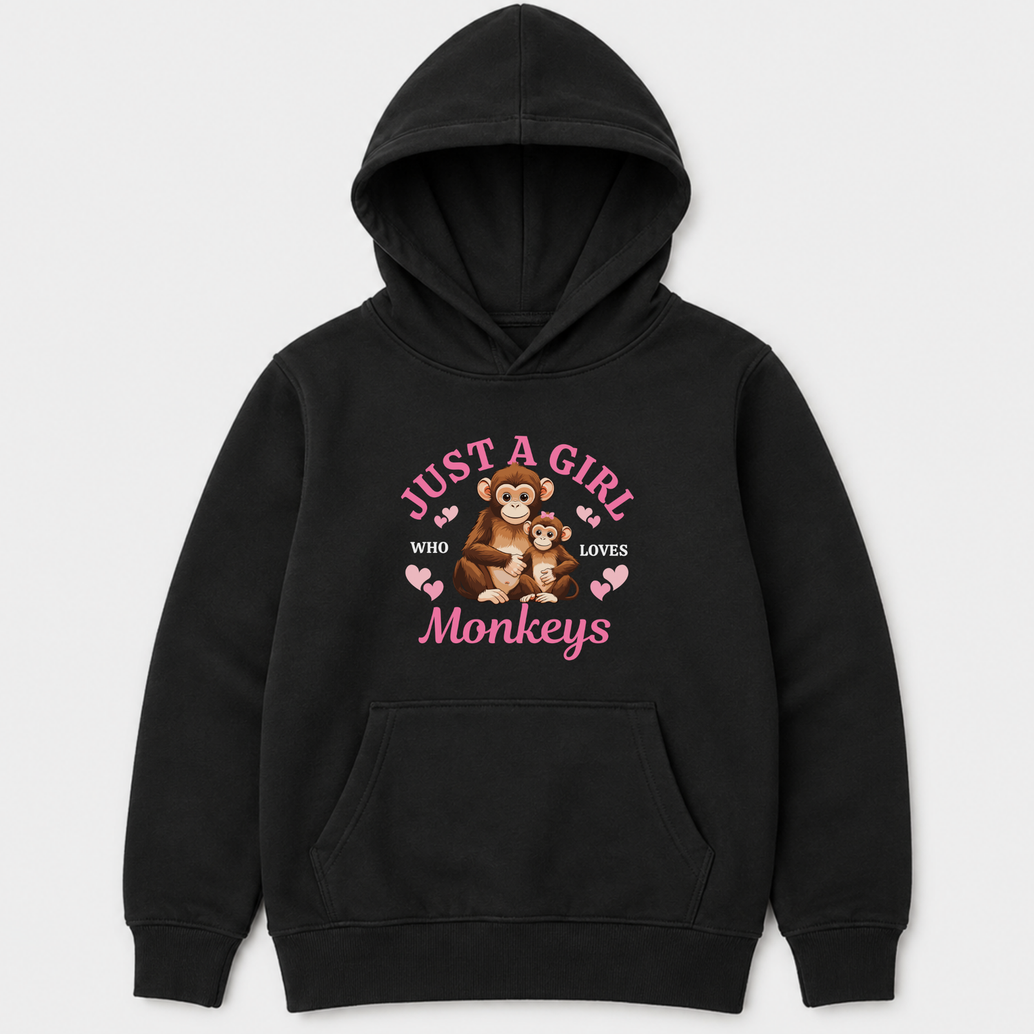 A kids black pullover hoodie with a front graphic that reads 'JUST A GIRL WHO LOVES Monkeys' in pink, featuring an illustration of a monkey holding a teddy bear, on a light grey background.