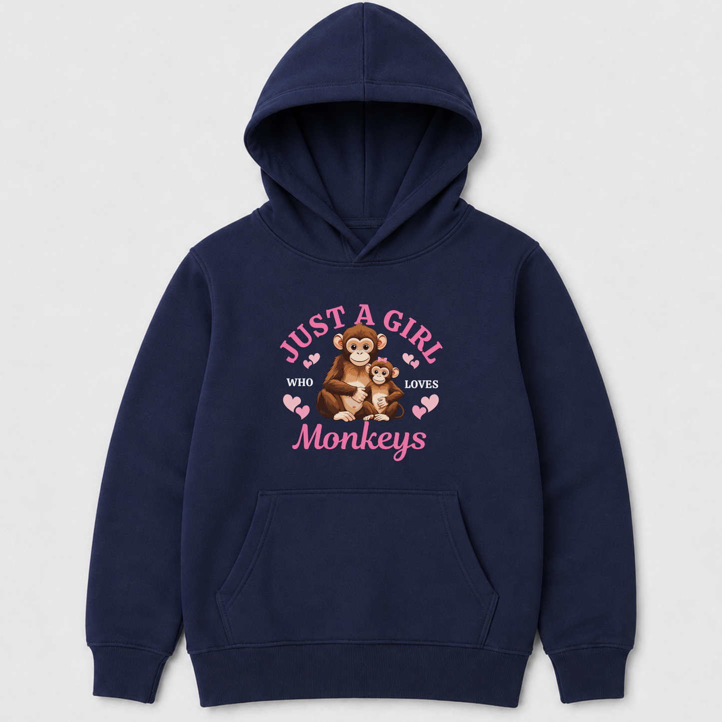 A navy blue kids pullover hoodie with a front kangaroo pocket and a graphic print on the chest. The graphic features the text 'JUST A GIRL WHO LOVES MONKEYS' in pink and brown, accompanied by an illustration of a mother monkey and baby monkey with small pink hearts.
