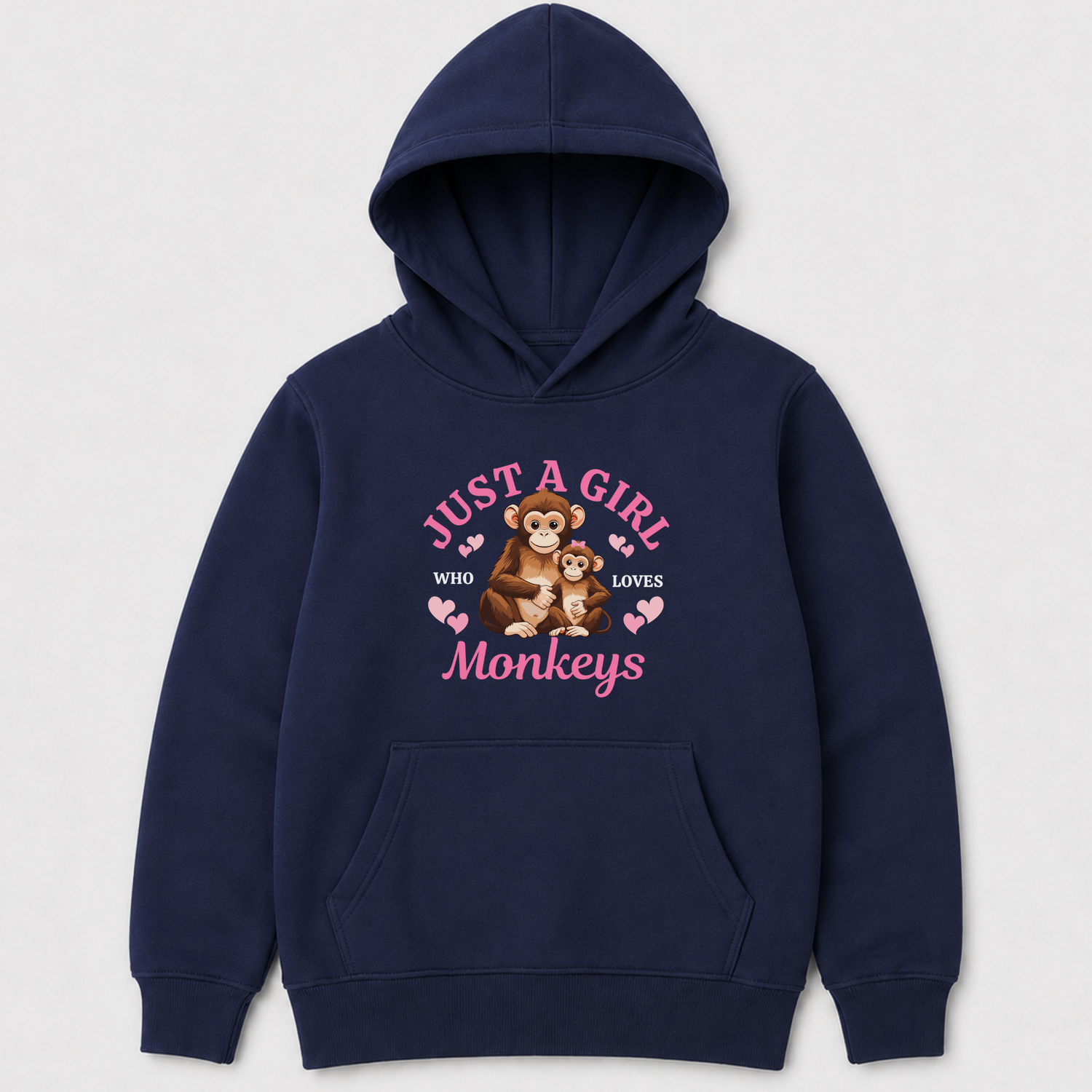 A navy blue kids pullover hoodie with a front kangaroo pocket and a graphic print on the chest. The graphic features the text 'JUST A GIRL WHO LOVES MONKEYS' in pink and brown, accompanied by an illustration of a mother monkey and baby monkey with small pink hearts.
