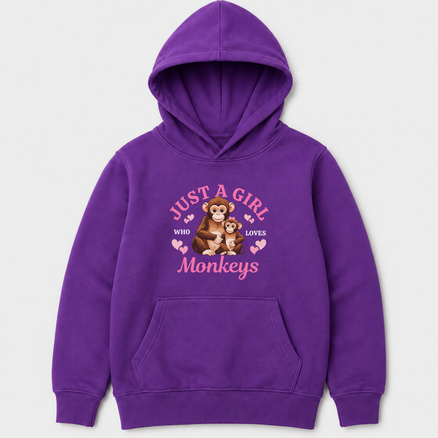 A purple kids pullover hoodie with a front kangaroo pocket and a graphic print on the chest. The graphic features pink text reading 'JUST A GIRL WHO LOVES MONKEYS' along with an illustration of a mother monkey and her baby, accented by small pink hearts.