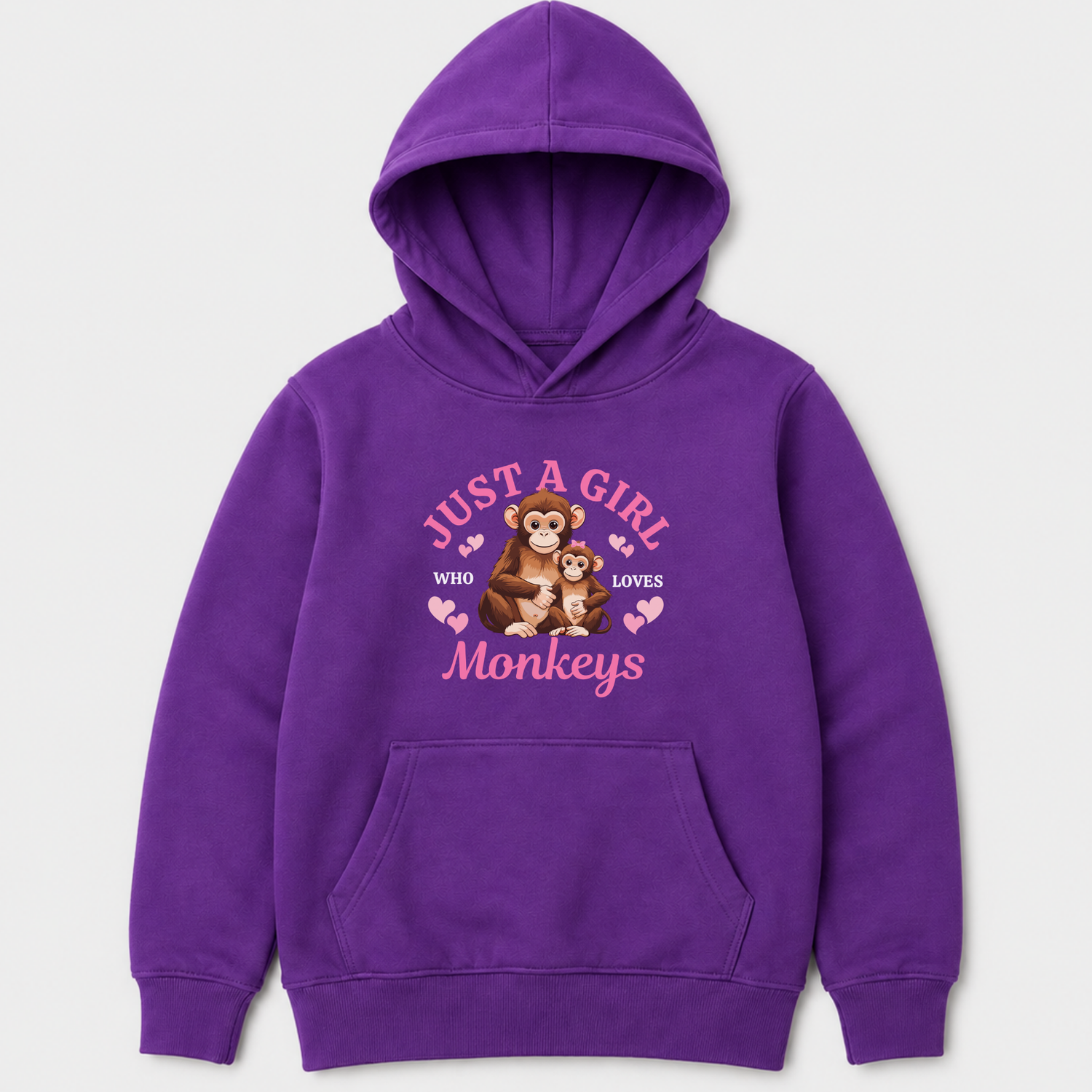 A purple kids pullover hoodie with a front kangaroo pocket and a graphic print on the chest. The graphic features pink text reading 'JUST A GIRL WHO LOVES MONKEYS' along with an illustration of a mother monkey and her baby, accented by small pink hearts.