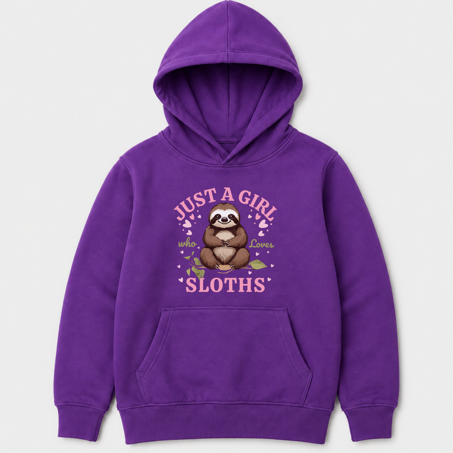 A purple kids pullover hoodie featuring a cute sloth graphic with the text 'JUST A GIRL who loves Sloths' in pink and white, displayed on a light gray background.