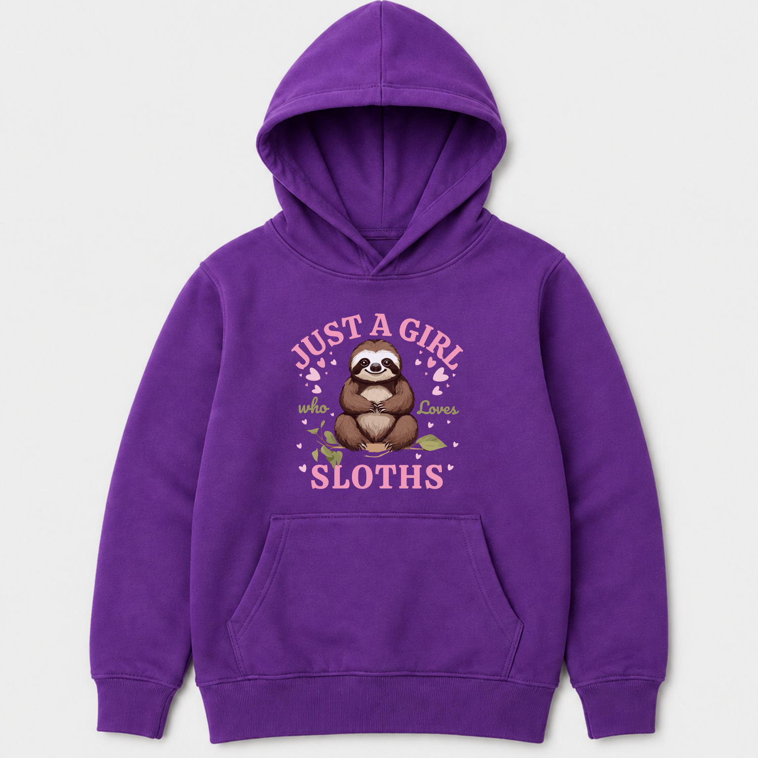 A purple kids pullover hoodie featuring a cute sloth graphic with the text 'JUST A GIRL who loves Sloths' in pink and white, displayed on a light gray background.