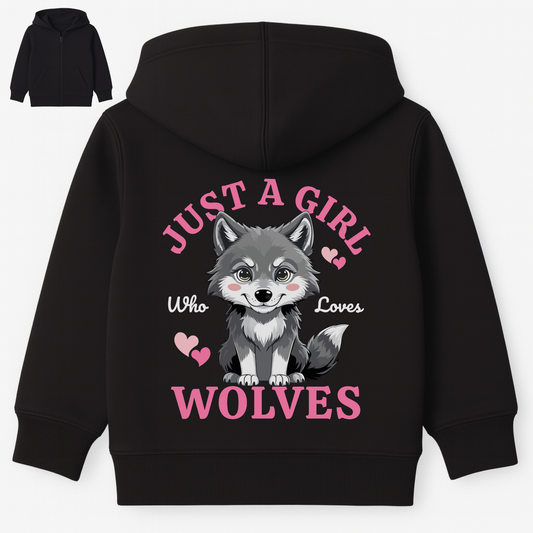 Kids black zip hoodie with “Just a Girl Who Loves Wolves” wolf back print and pink lettering.