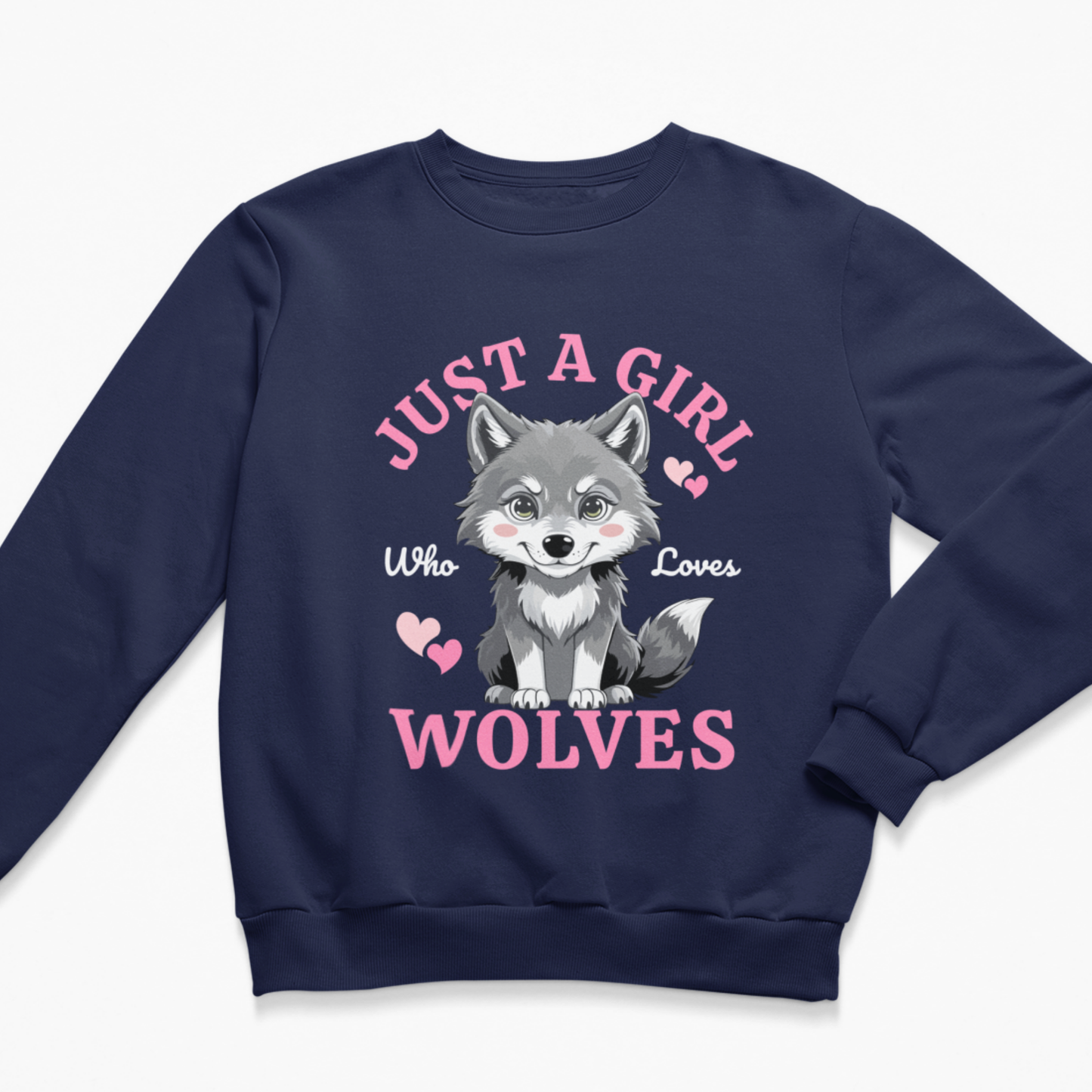 A kids navy blue crewneck sweatshirt featuring a graphic print of a cute grey and white cartoon wolf with pink hearts and the text 'JUST A GIRL Who Loves WOLVES' in pink and white.