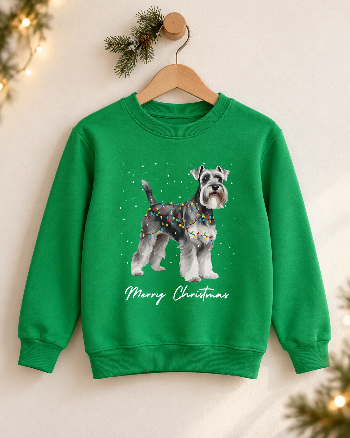Kelly green kids Christmas Schnauzer sweatshirt hanging on a wooden wall peg against a neutral backdrop with festive pine sprig decor and fairy lights