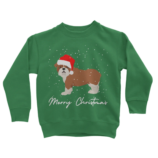 Kids Kelly Green Christmas sweatshirt with a cartoon English Bulldog wearing a Santa hat, snow falling, and “Merry Christmas” text underneath