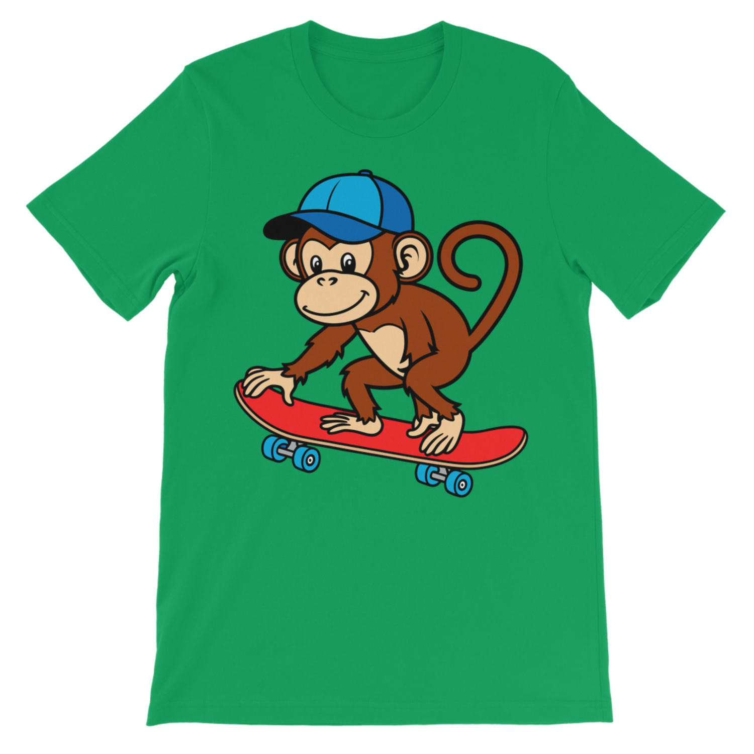 Kids Kelly green skateboarding monkey graphic T-shirt with fun cartoon monkey design and soft cotton feel for boys.