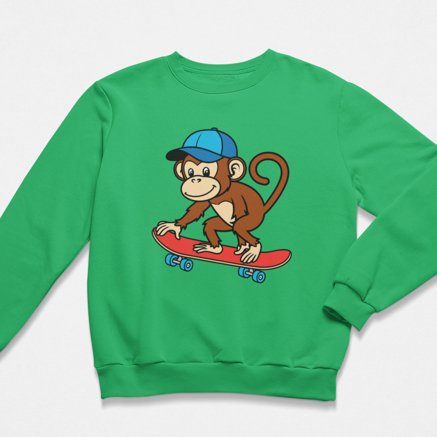 Green sweatshirt with a monkey riding a skateboard printed graphic for boys and girls