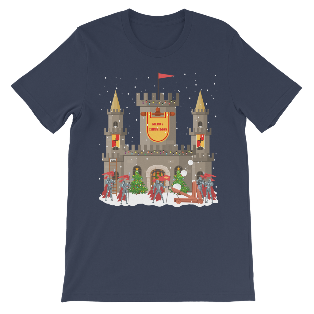 Navy kids Christmas t-shirt showing a snowy stone castle with “Merry Christmas” banner, golden turrets, red-armoured knights, catapult and festive trees on the front.