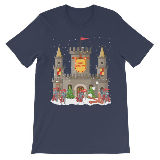 Navy kids Christmas t-shirt showing a snowy stone castle with “Merry Christmas” banner, golden turrets, red-armoured knights, catapult and festive trees on the front.