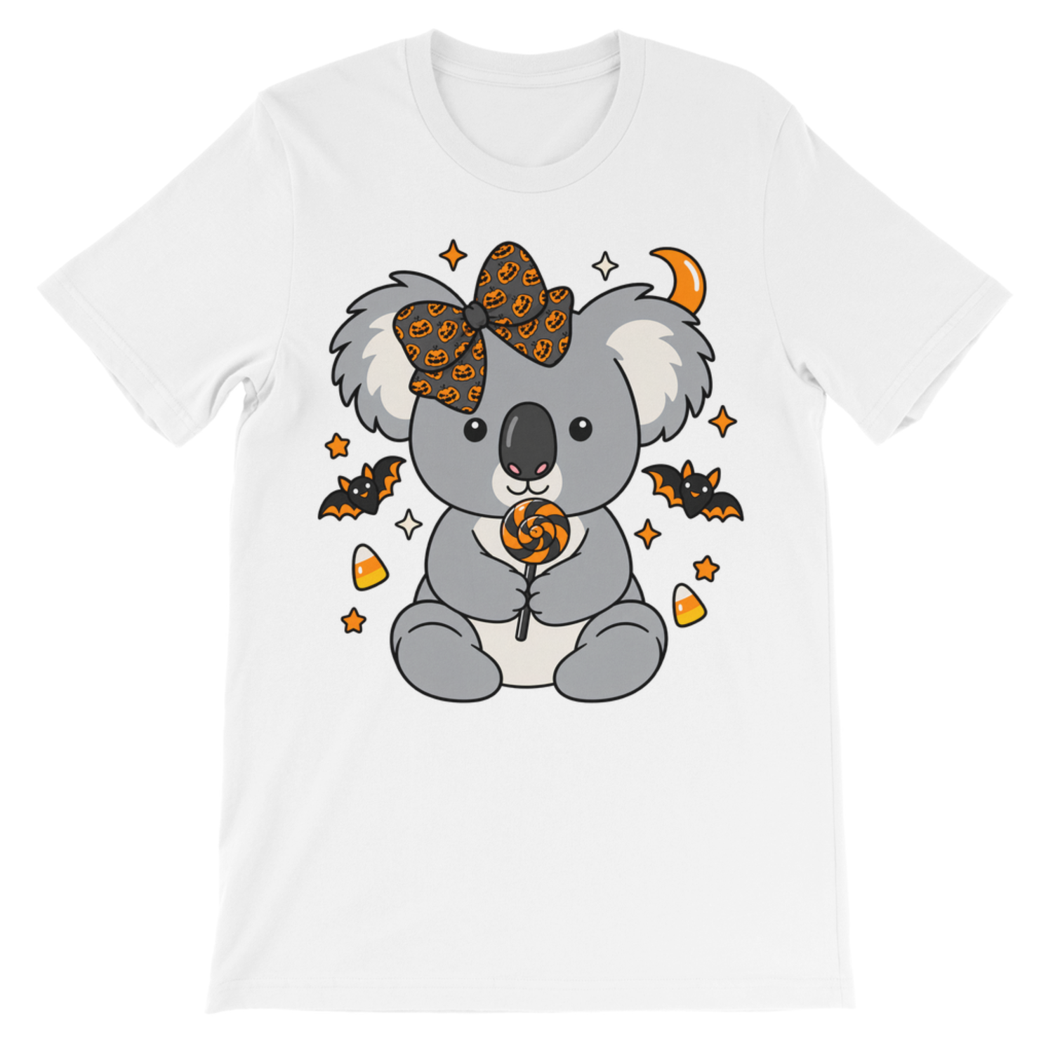 White crewneck kids Halloween T-shirt featuring a koala with a big pumpkin pattern bow, bats, sweets and stars