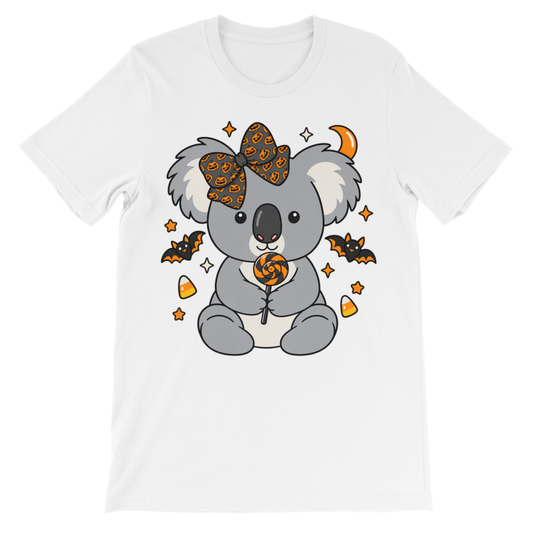 White crewneck kids Halloween T-shirt featuring a koala with a big pumpkin pattern bow, bats, sweets and stars