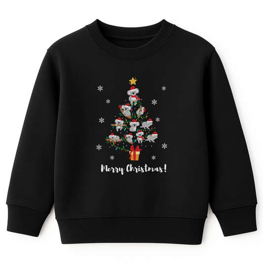 Kids black sweatshirt with a festive design of a Christmas tree made from koalas and the text 'Merry Christmas!'