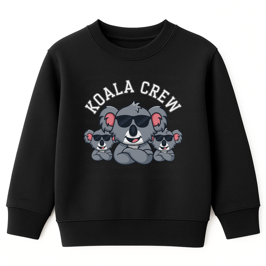 Kids black sweatshirt with a cool “Koala Crew” graphic showing three koalas in sunglasses with arms folded.
