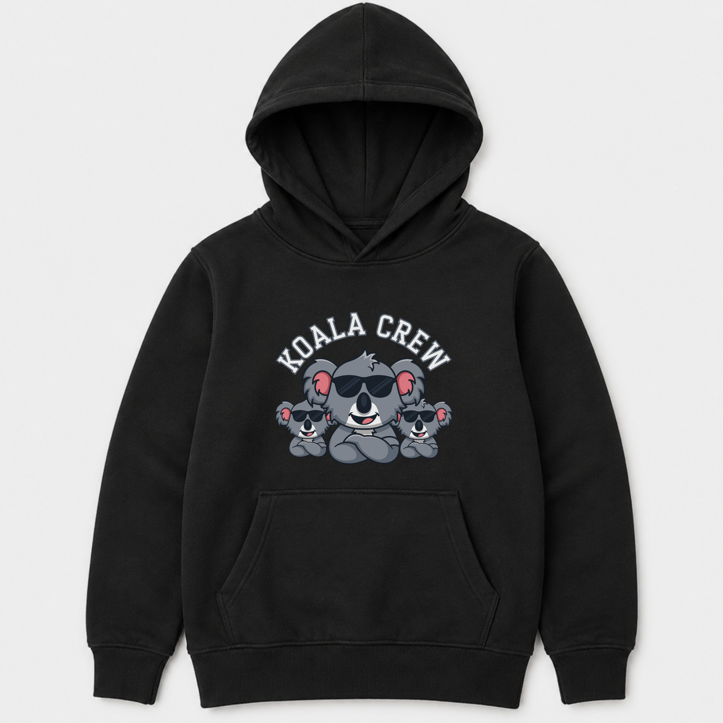 Kids black Koala Crew hoodie with cool cartoon koala graphic and front pocket on a white background