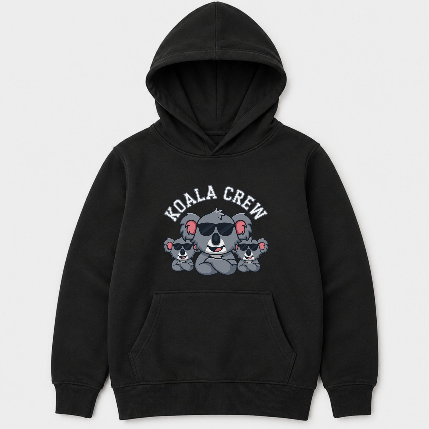 Kids black Koala Crew hoodie with cool cartoon koala graphic and front pocket on a white background