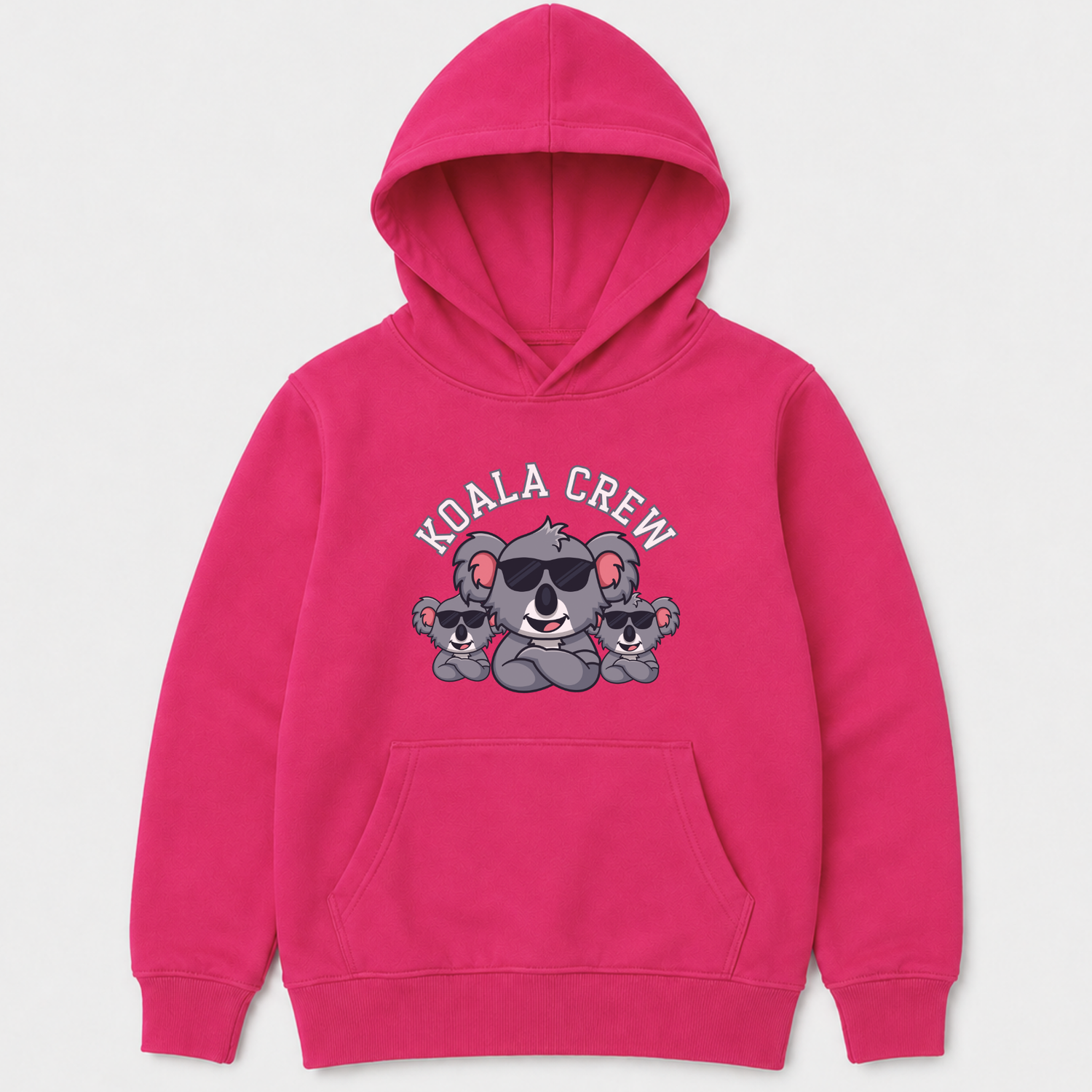 Hot pink children’s Koala Crew pullover hoodie featuring three koalas with sunglasses design
