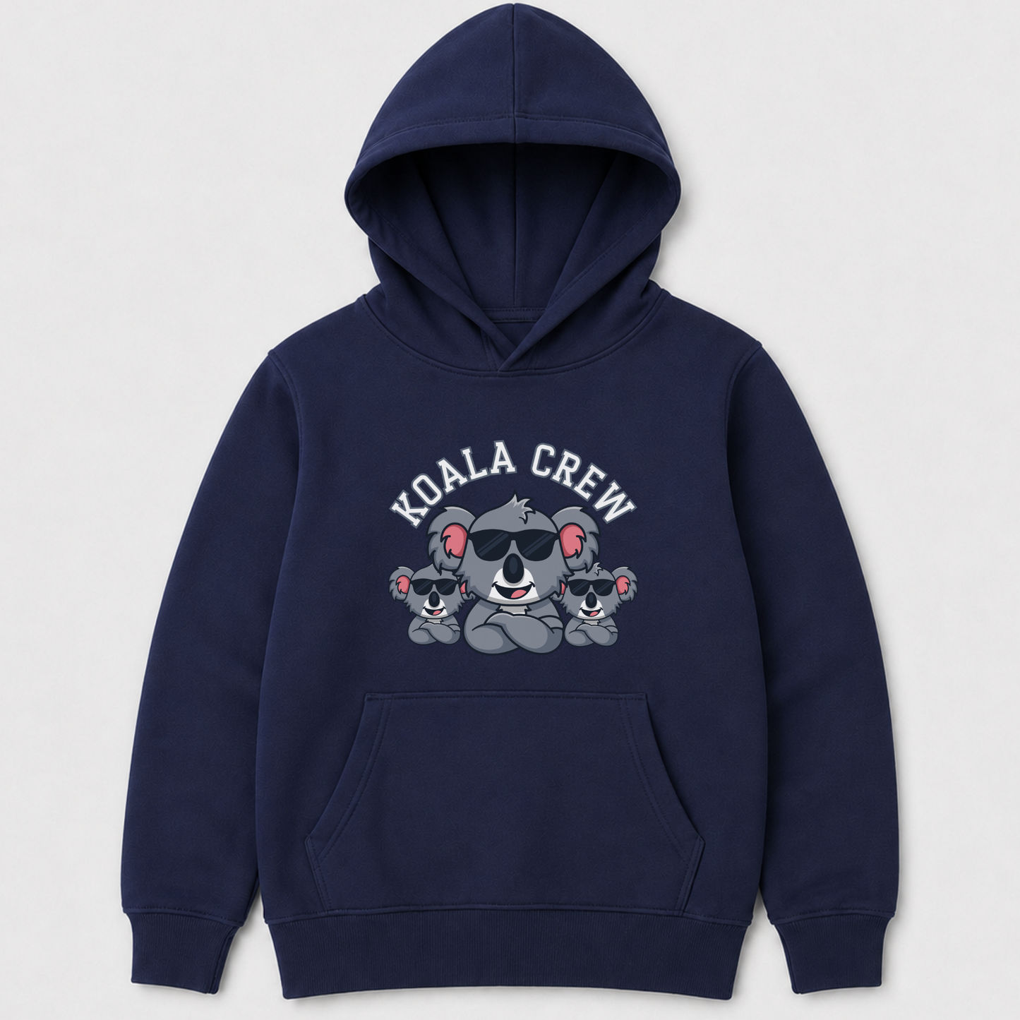 Navy blue kids hoodie with Koala Crew animal graphic, ribbed cuffs and kangaroo pocket flat lay