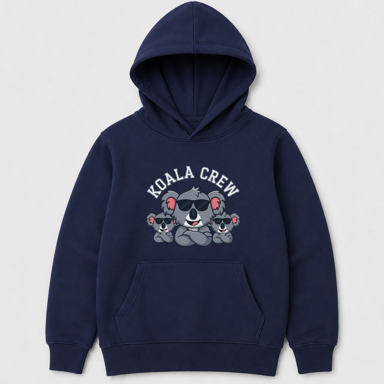 Navy blue kids hoodie with Koala Crew animal graphic, ribbed cuffs and kangaroo pocket flat lay