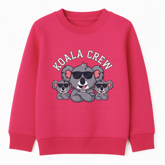 Kids hot pink sweatshirt with a cool “Koala Crew” graphic showing three koalas in sunglasses with arms folded.