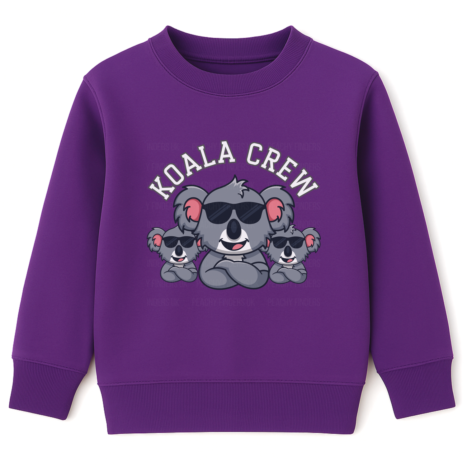 Kids purple sweatshirt with a cool “Koala Crew” graphic showing three koalas in sunglasses with arms folded.