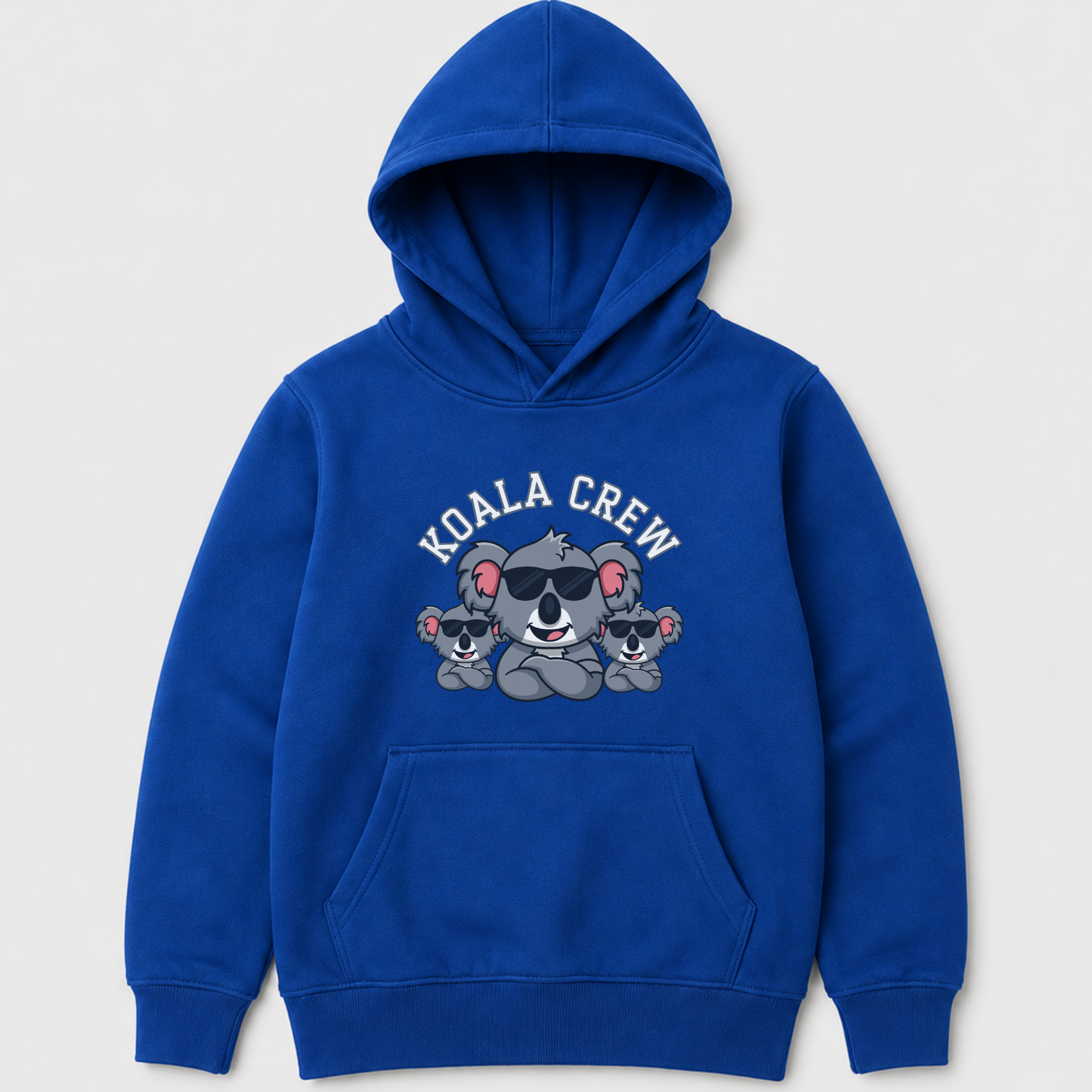 Royal blue kids koala hoodie with playful Koala Crew design, shown as a clean product flat lay