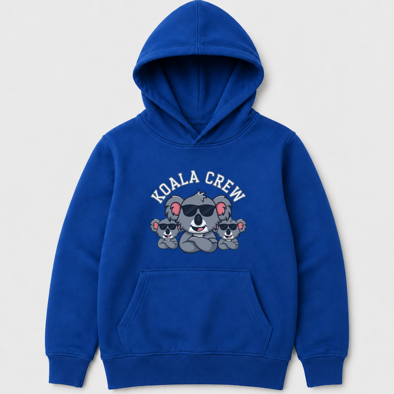 Royal blue kids koala hoodie with playful Koala Crew design, shown as a clean product flat lay
