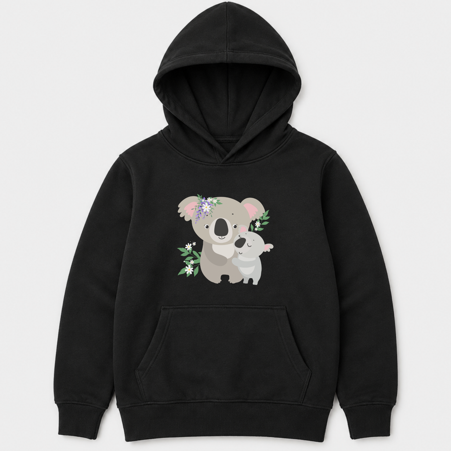 Kids black koala hoodie with cute floral koala design printed on the front