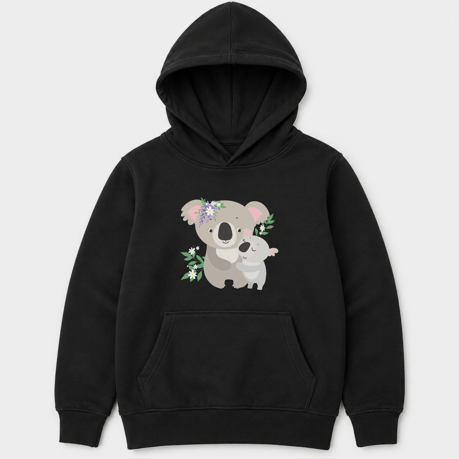 Kids black koala hoodie with cute floral koala design printed on the front