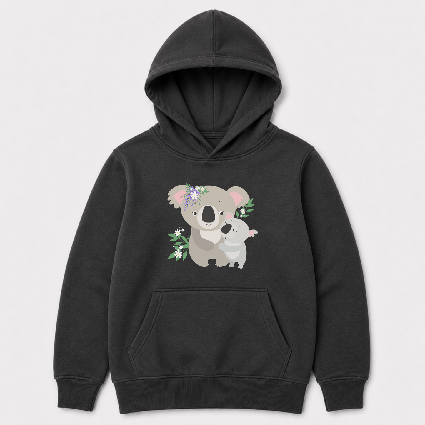 Charcoal grey kids koala hoodie with front floral koala graphic print