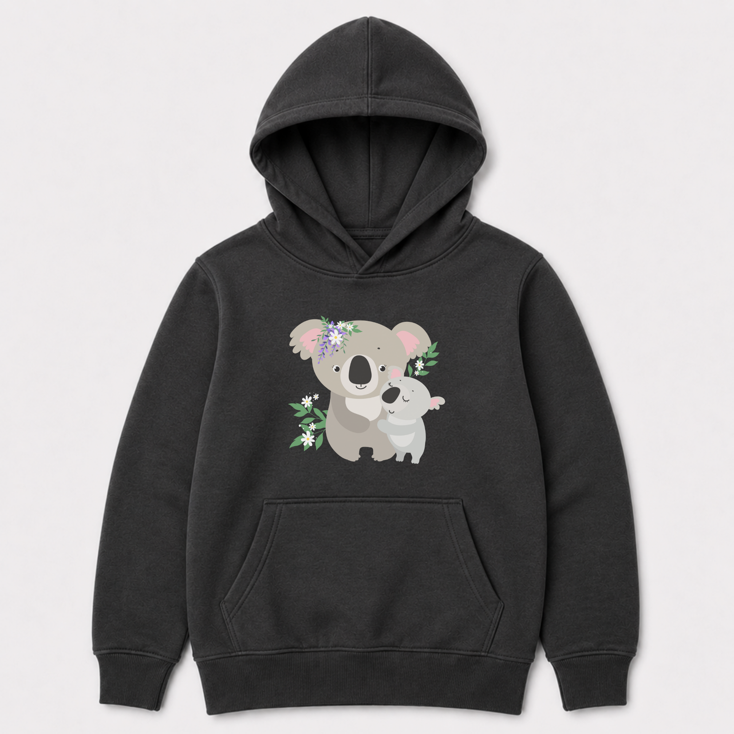 Charcoal grey kids koala hoodie with front floral koala graphic print