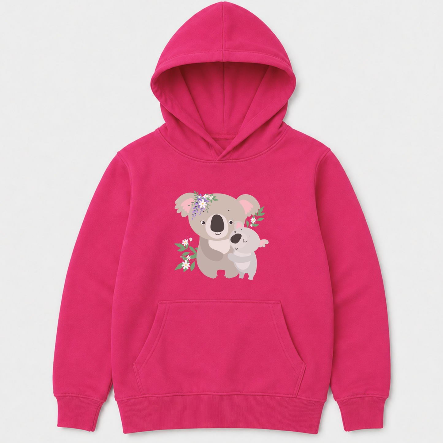 Hot pink girls koala hoodie with floral koala design and front pocket