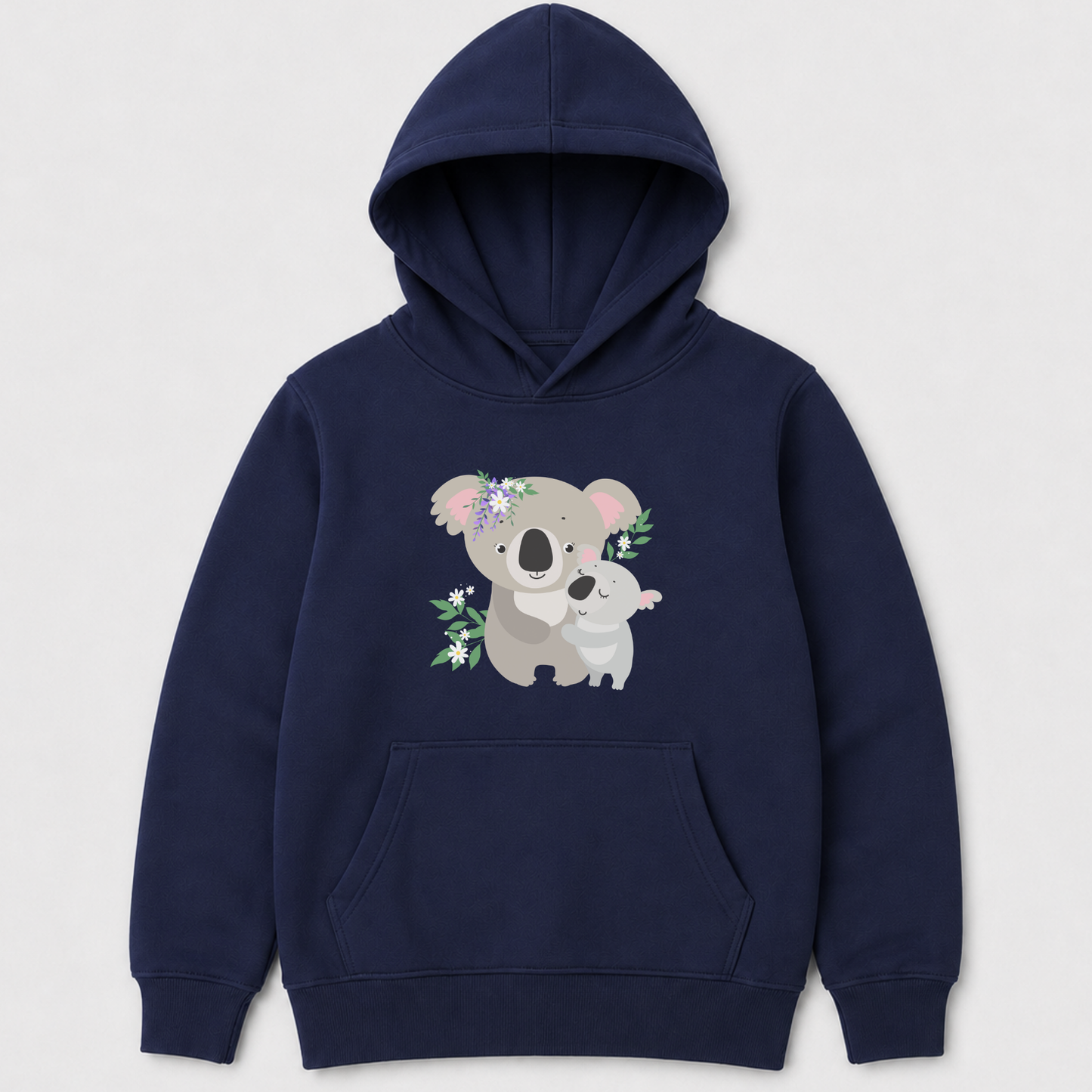 Navy kids koala hoodie with cute mother and baby koala front design