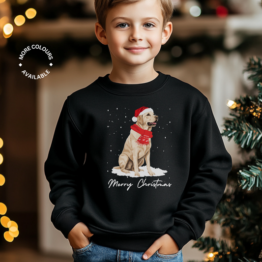 A child wearing a black sweatshirt with a graphic of a golden Labrador wearing a Santa hat and a 'Merry Christmas' message.