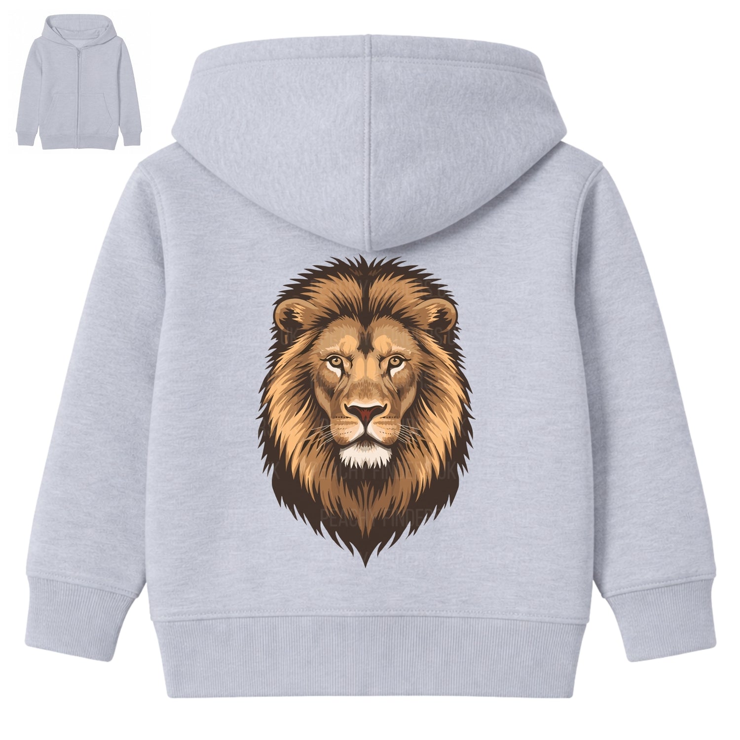 Kids grey zip hoodie with lion face graphic back print – children’s animal hoodie soft cotton sweatshirt