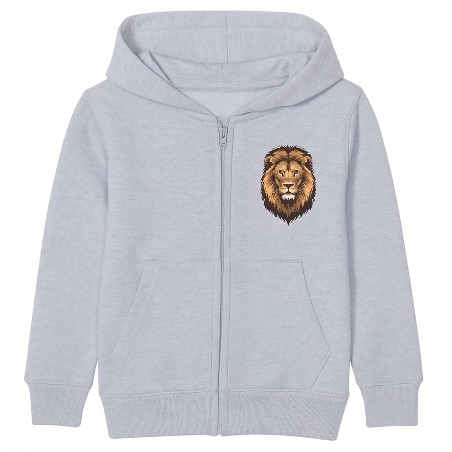Kids grey zip hoodie with lion face chest print – children’s animal graphic hoodie front view