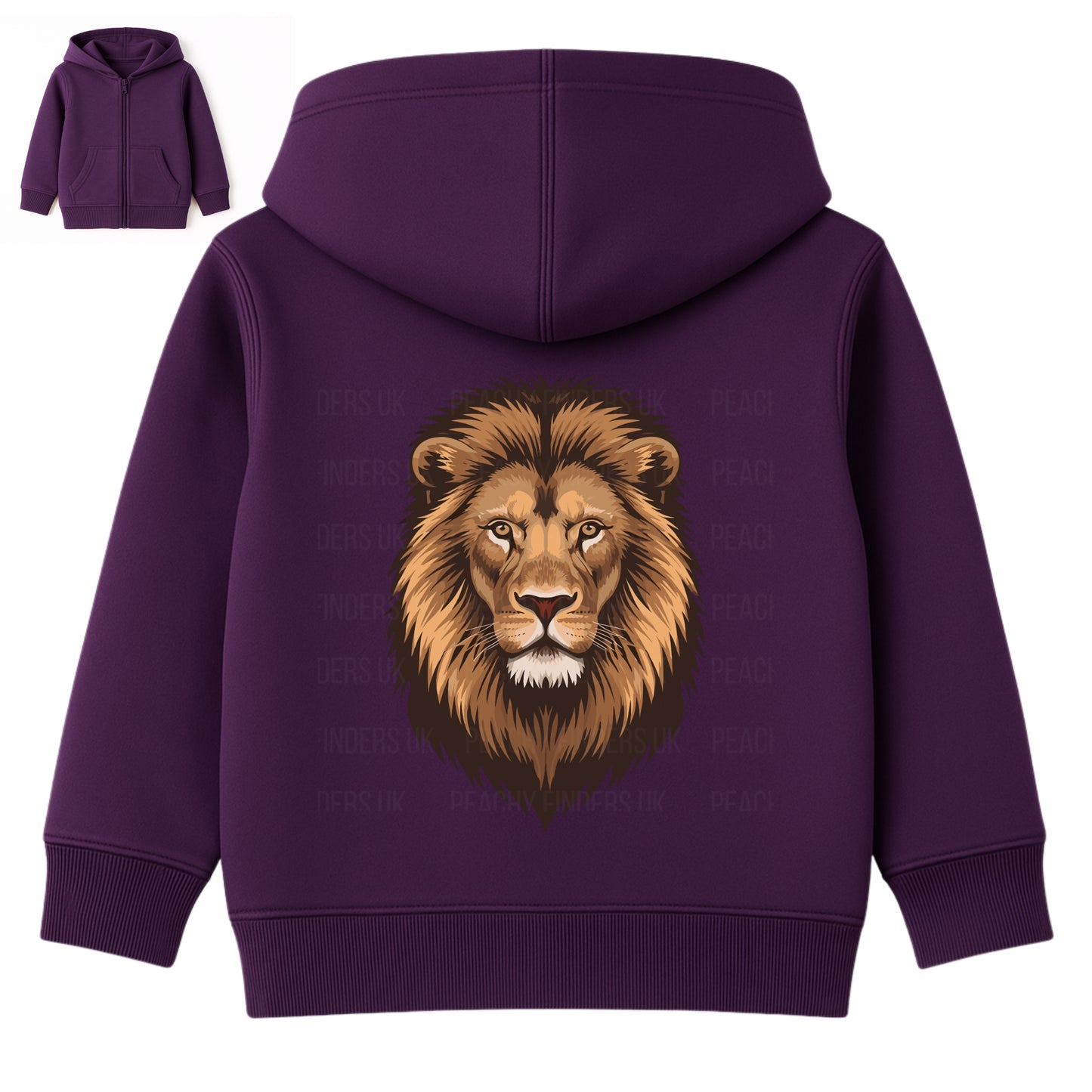 Kids purple zip hoodie with lion face graphic back print – bold animal design children’s sweatshirt