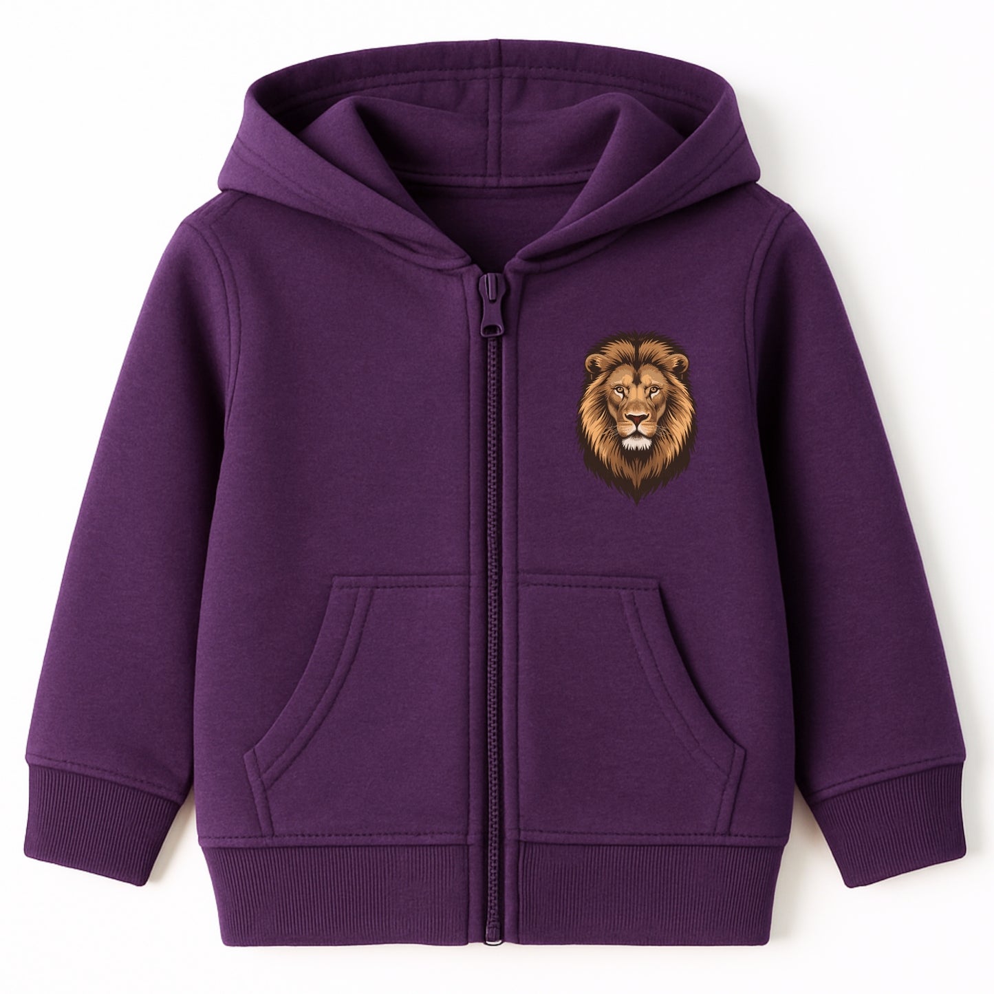 Kids purple zip hoodie with lion chest print – children’s animal hoodie front zip sweatshirt