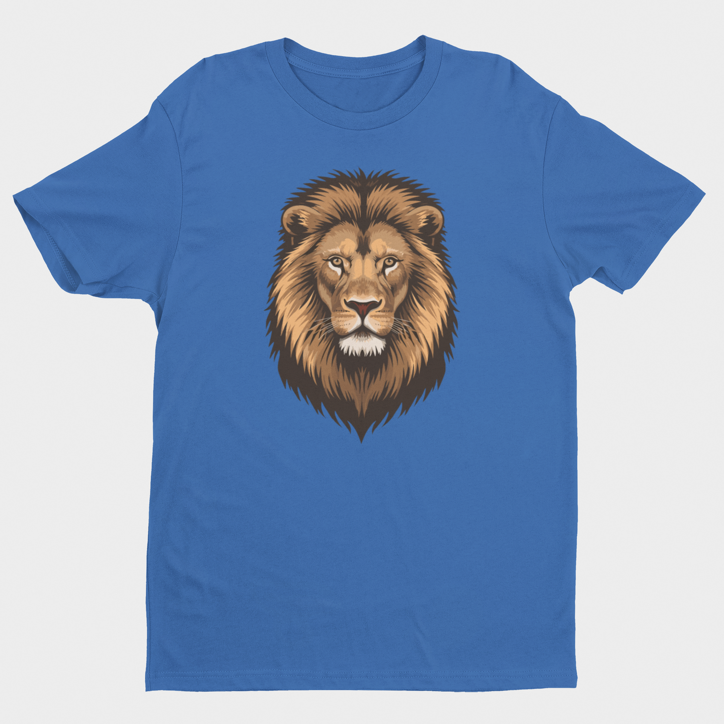 Kids royal blue t-shirt featuring bold lion face design, unisex animal graphic tee for children