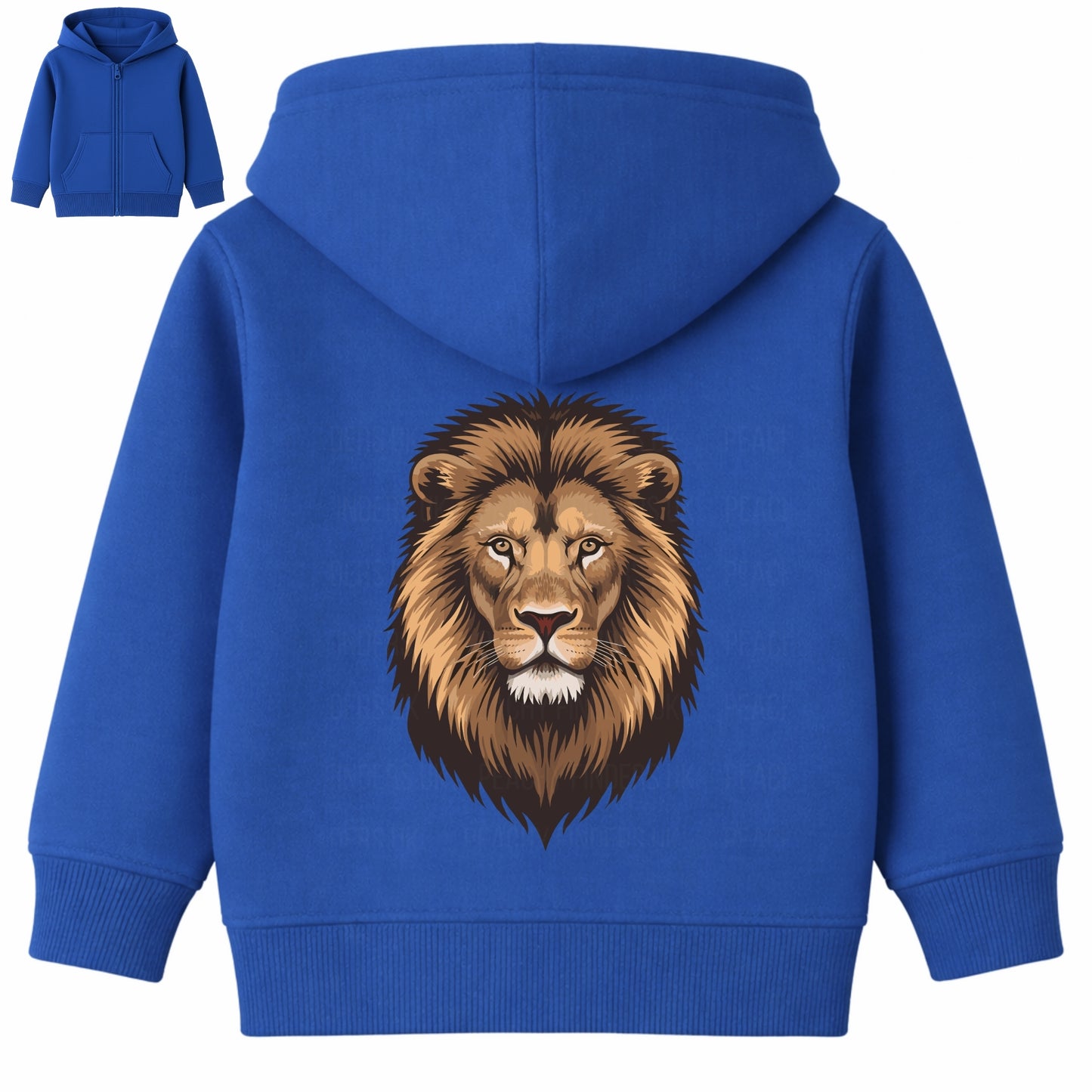 Kids blue zip hoodie with lion face back print – unisex children’s animal graphic hoodie