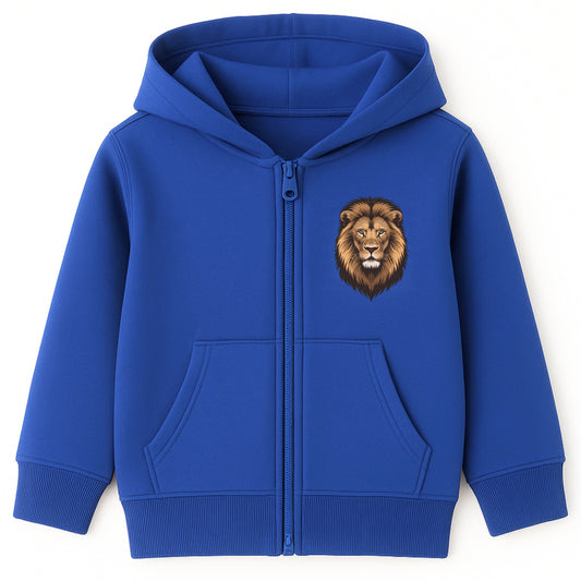 Kids blue zip hoodie with lion chest print – boys girls animal hoodie front zip sweatshirt